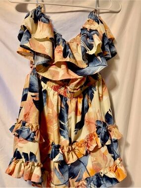 Ruffled Floral Print Romper - Blue, Peach & Cream